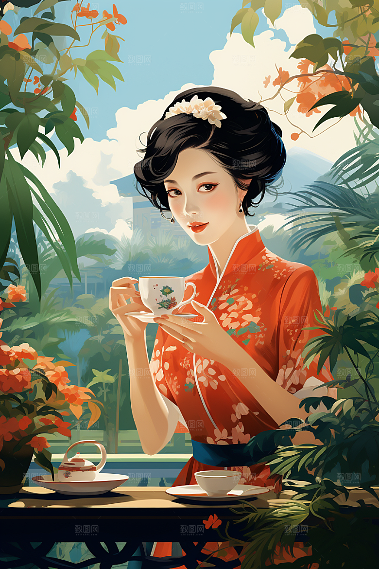 旗袍美女手绘复古插画