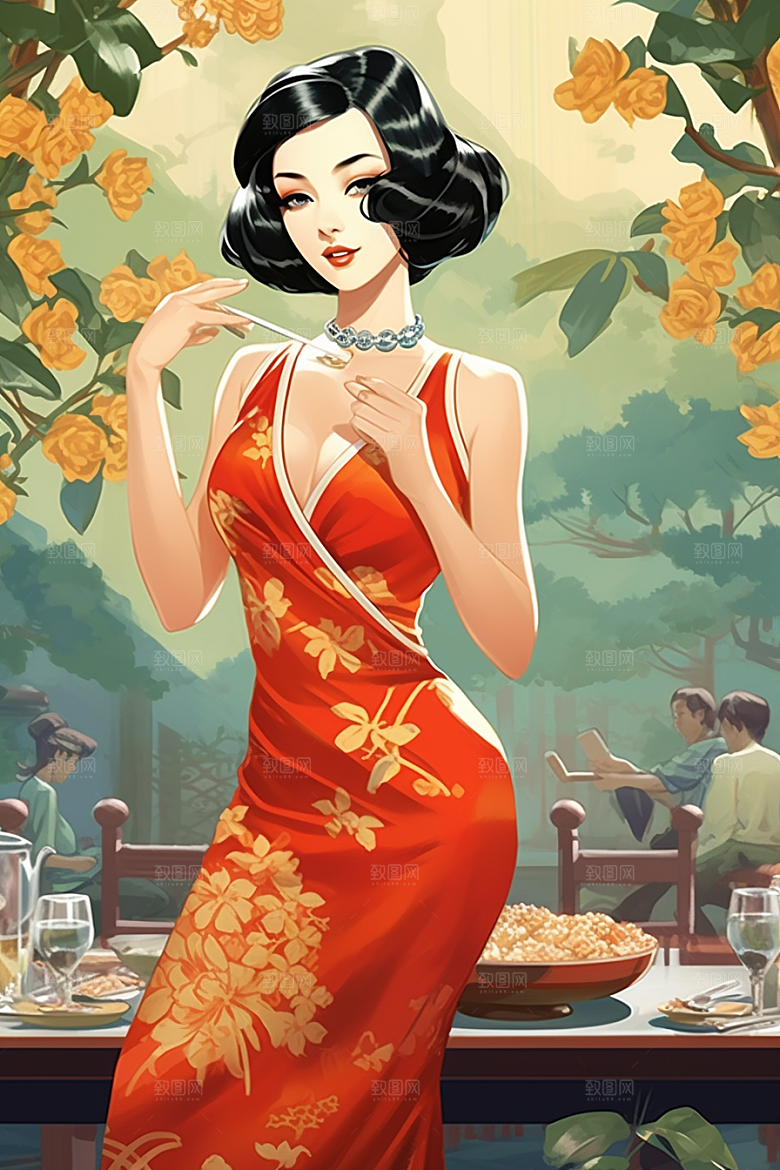 旗袍美女中国风唯美插画