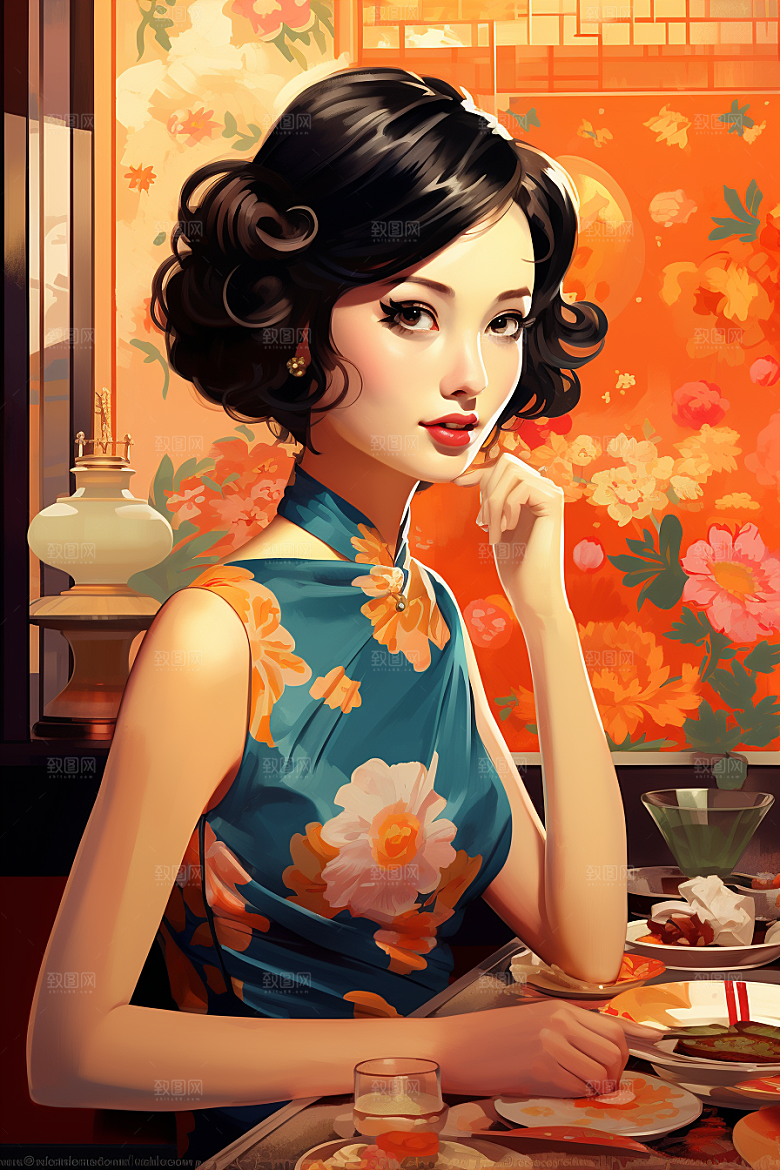 旗袍美女高清新中式插画