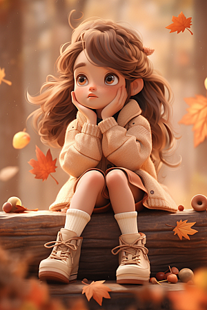 枫叶树下的女孩秋景人物模型