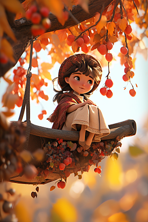 枫叶树下的女孩秋天人物模型