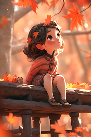 枫叶树下的女孩高清秋色模型