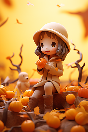 枫叶树下的女孩森林秋天模型