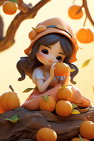 枫叶树下的女孩秋景秋天模型