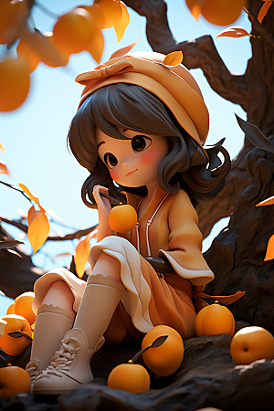 枫叶树下的女孩落叶秋色模型