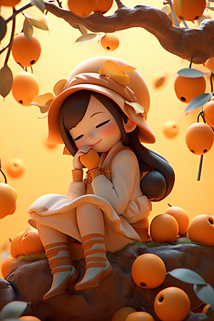 枫叶树下的女孩秋色秋景模型