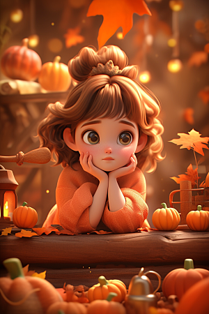 枫叶树下的女孩秋色秋景模型