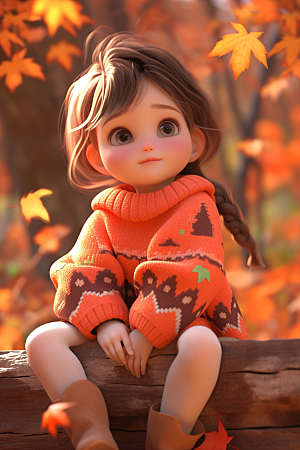 枫叶树下的女孩秋天人物模型