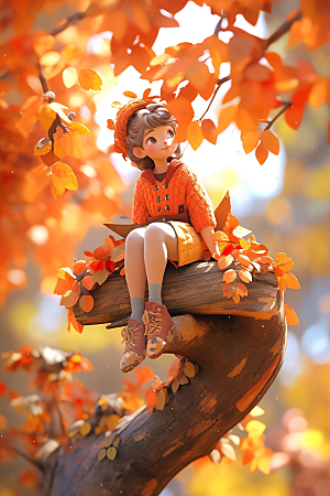 枫叶树下的女孩秋天秋景模型