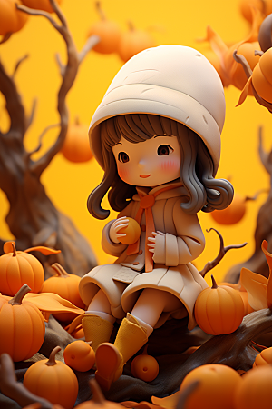 枫叶树下的女孩秋景森林模型