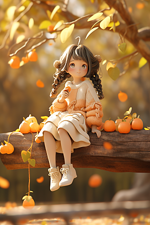 枫叶树下的女孩秋天落叶模型