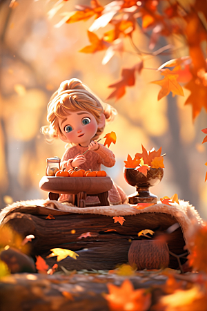 枫叶树下的女孩落叶秋景模型