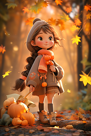 枫叶树下的女孩人物秋景模型