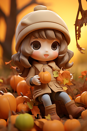枫叶树下的女孩IP肖像秋天模型