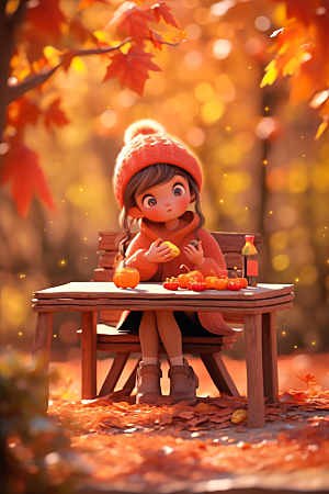 枫叶树下的女孩秋景秋色模型