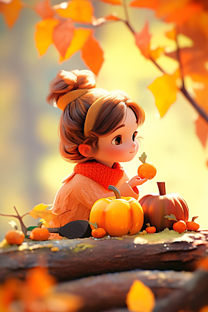 枫叶树下的女孩秋色秋天模型