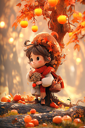 枫叶树下的女孩高清秋景模型