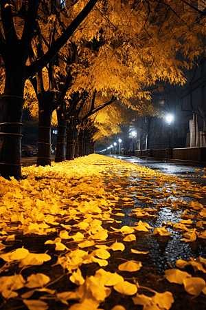 秋天落叶温暖金色摄影图