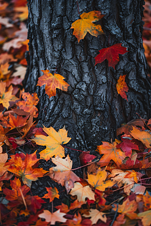 秋天落叶火红色枫树摄影图
