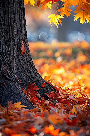 秋天落叶红叶梧桐摄影图
