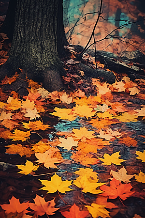 秋天落叶温暖高清摄影图