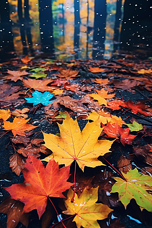 秋天落叶浪漫金色摄影图