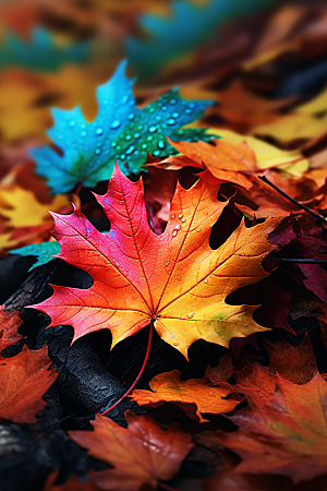 秋天落叶金色红叶摄影图