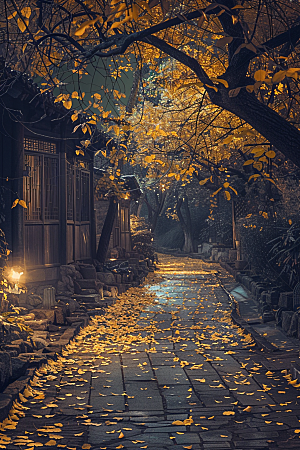 秋天落叶金色枫树摄影图