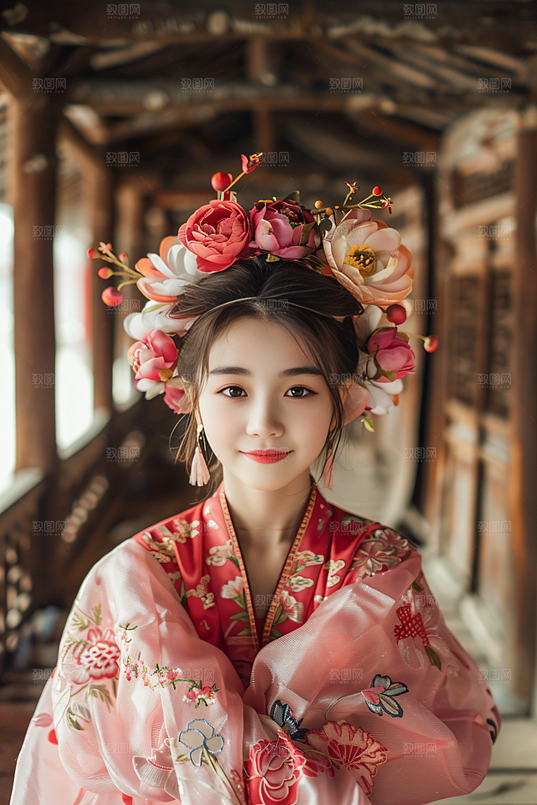 泉州簪花女性肖像花卉摄影图