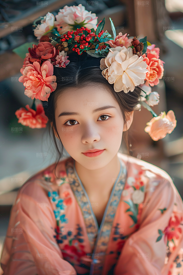 泉州簪花女性肖像花冠摄影图
