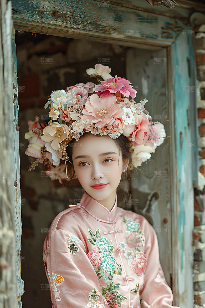 泉州簪花汉服花冠摄影图