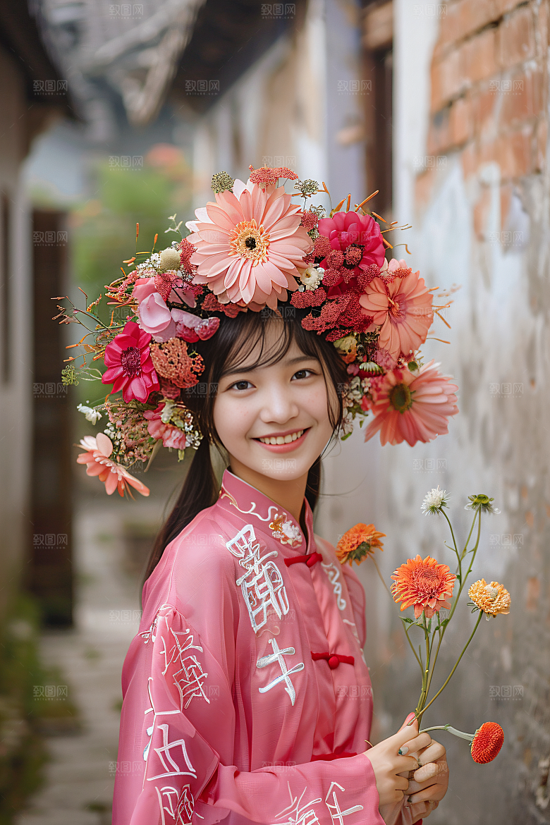 泉州簪花汉服头饰摄影图