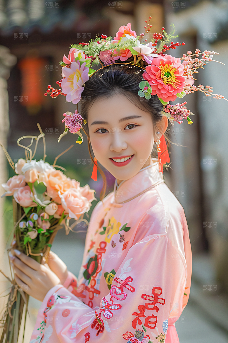 泉州簪花女性肖像头饰摄影图