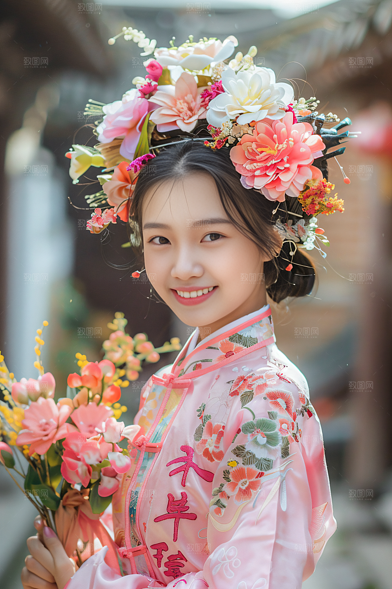 泉州簪花花冠唯美摄影图