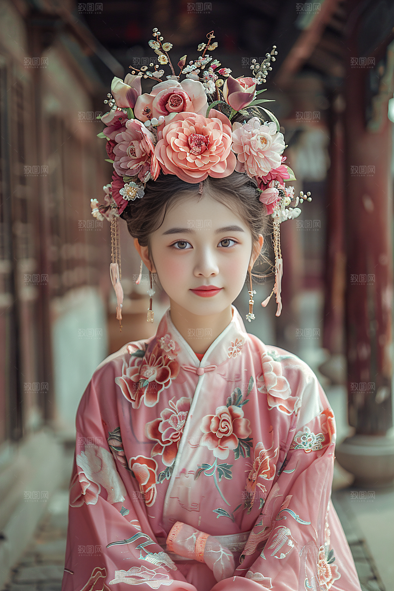 泉州簪花女性肖像花卉摄影图