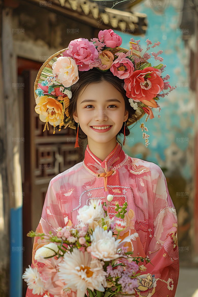 泉州簪花女性肖像花卉摄影图