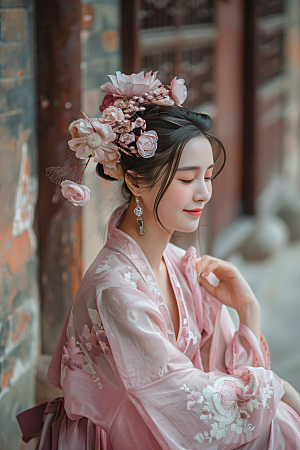 泉州簪花花卉女性肖像摄影图