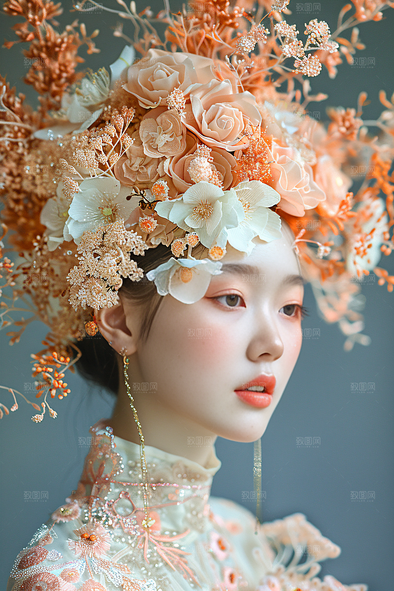 泉州簪花装饰头饰摄影图