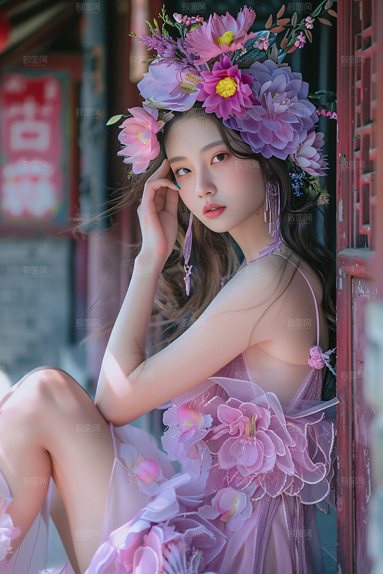 泉州簪花花冠女性肖像摄影图
