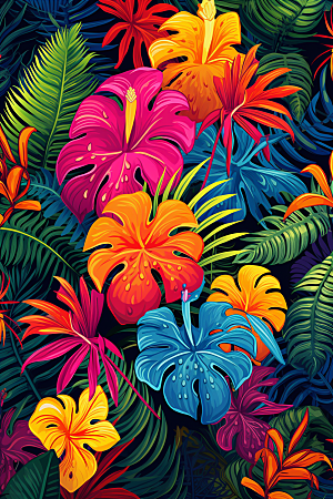 彩色热带雨林缤纷森林插画
