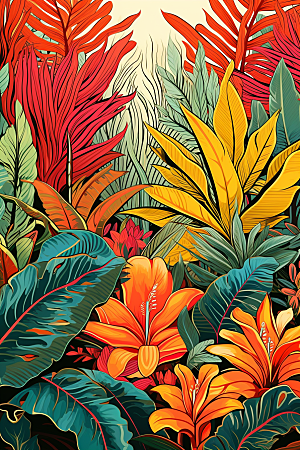 彩色热带雨林INS风热带植物插画