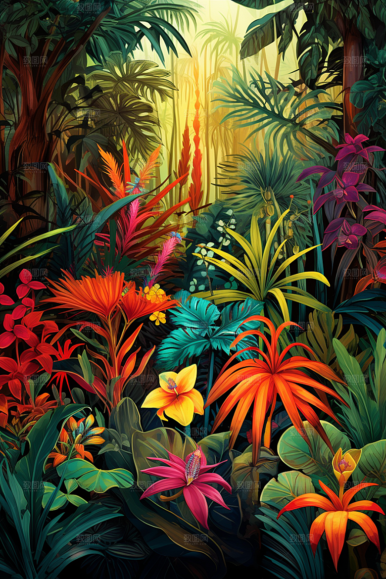 彩色热带雨林热带植物自然插画