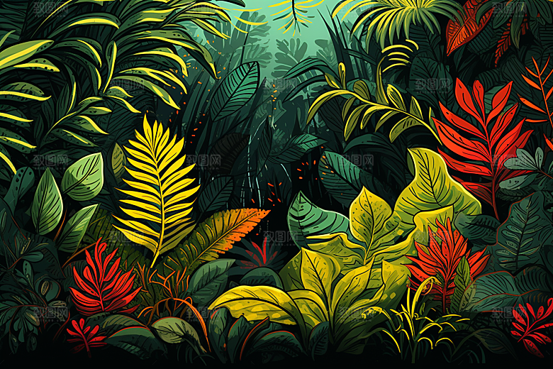 彩色热带雨林艺术热带植物插画
