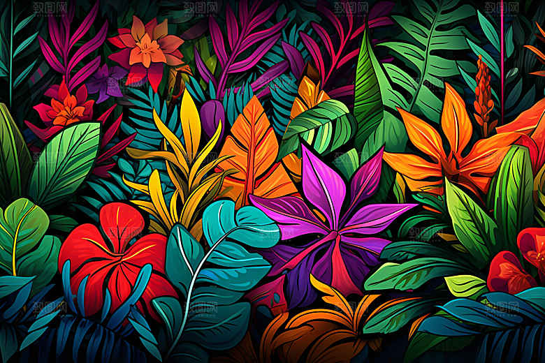 彩色热带雨林高清热带植物插画
