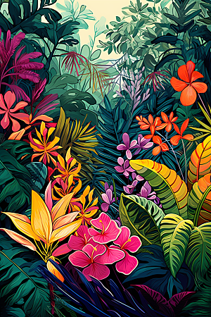 彩色热带雨林热带植物清新插画