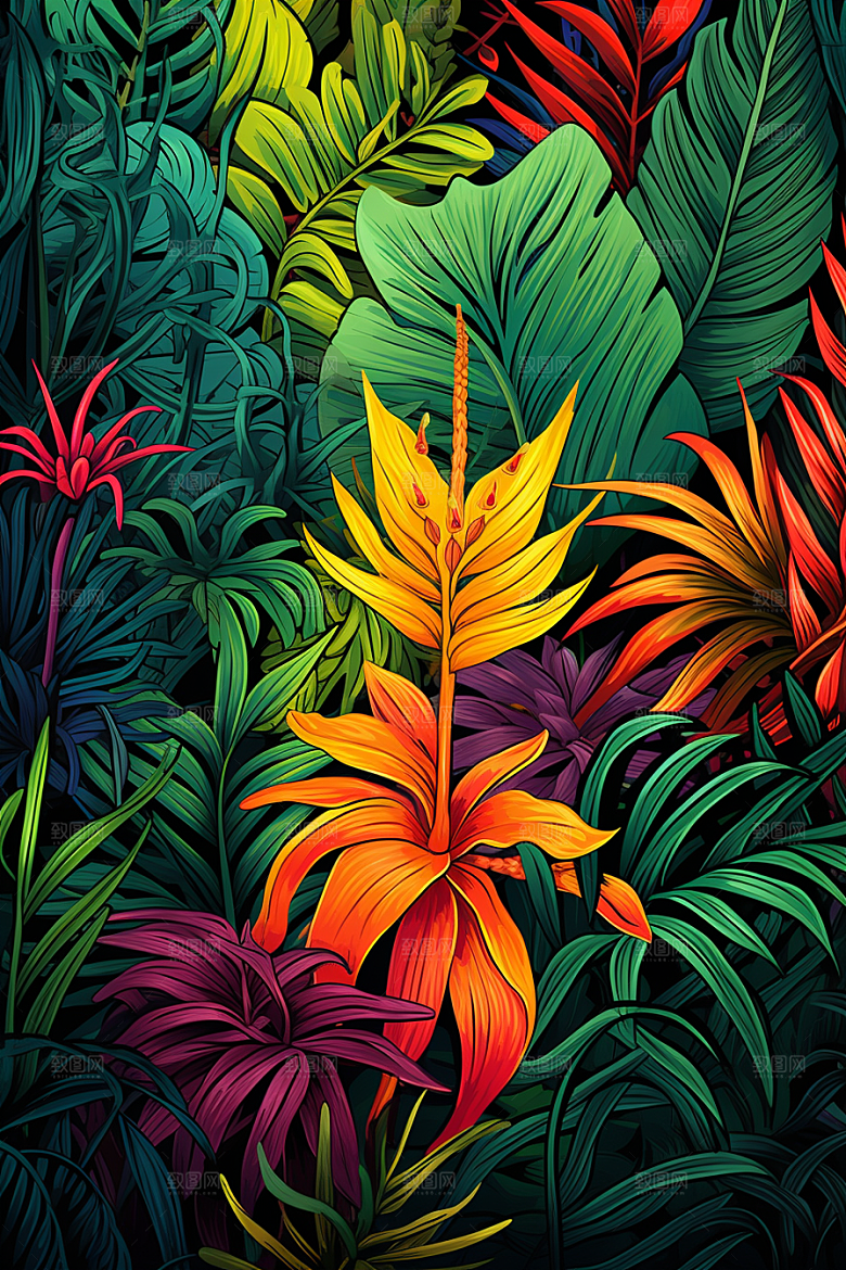 彩色热带雨林热带植物森林插画