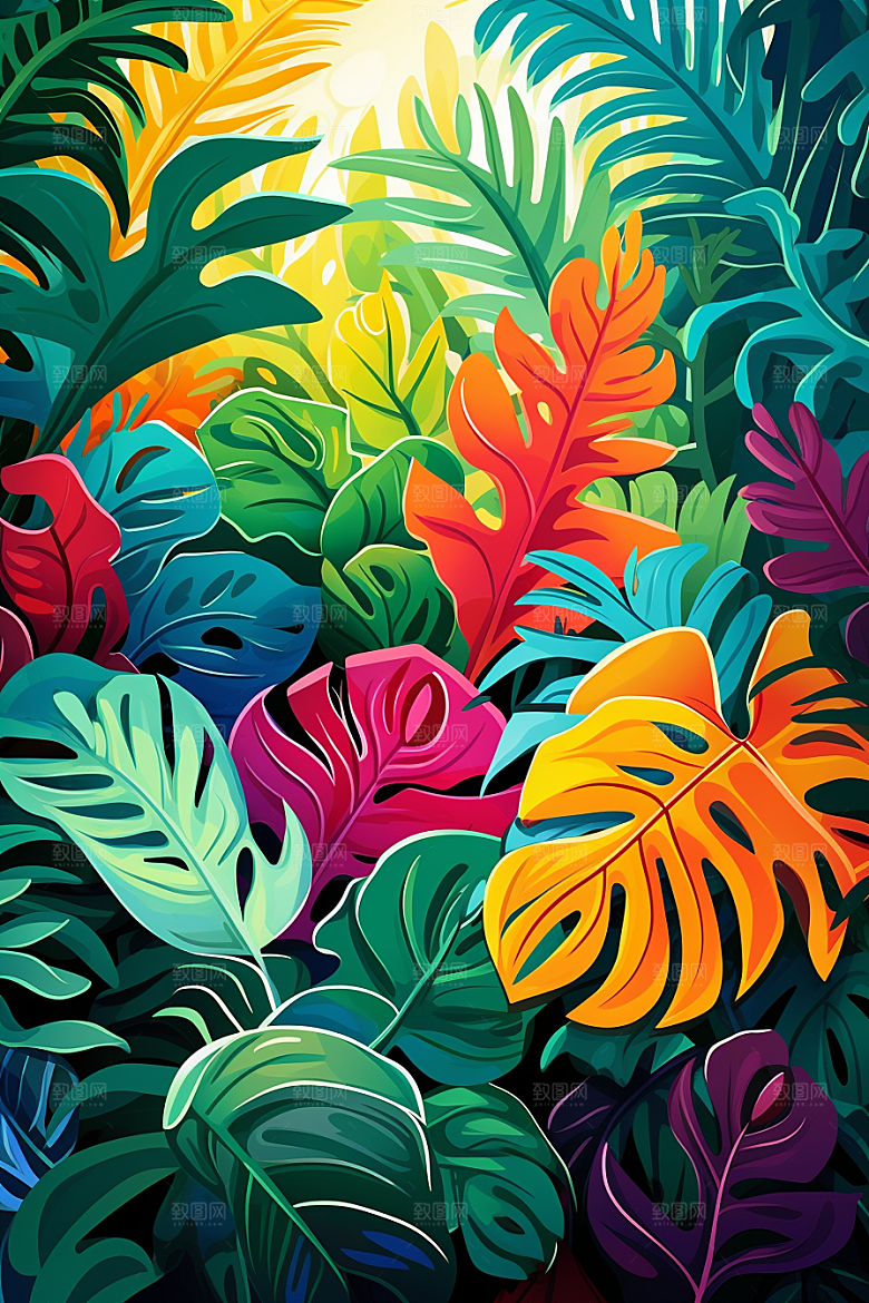 彩色热带雨林热带植物INS风插画