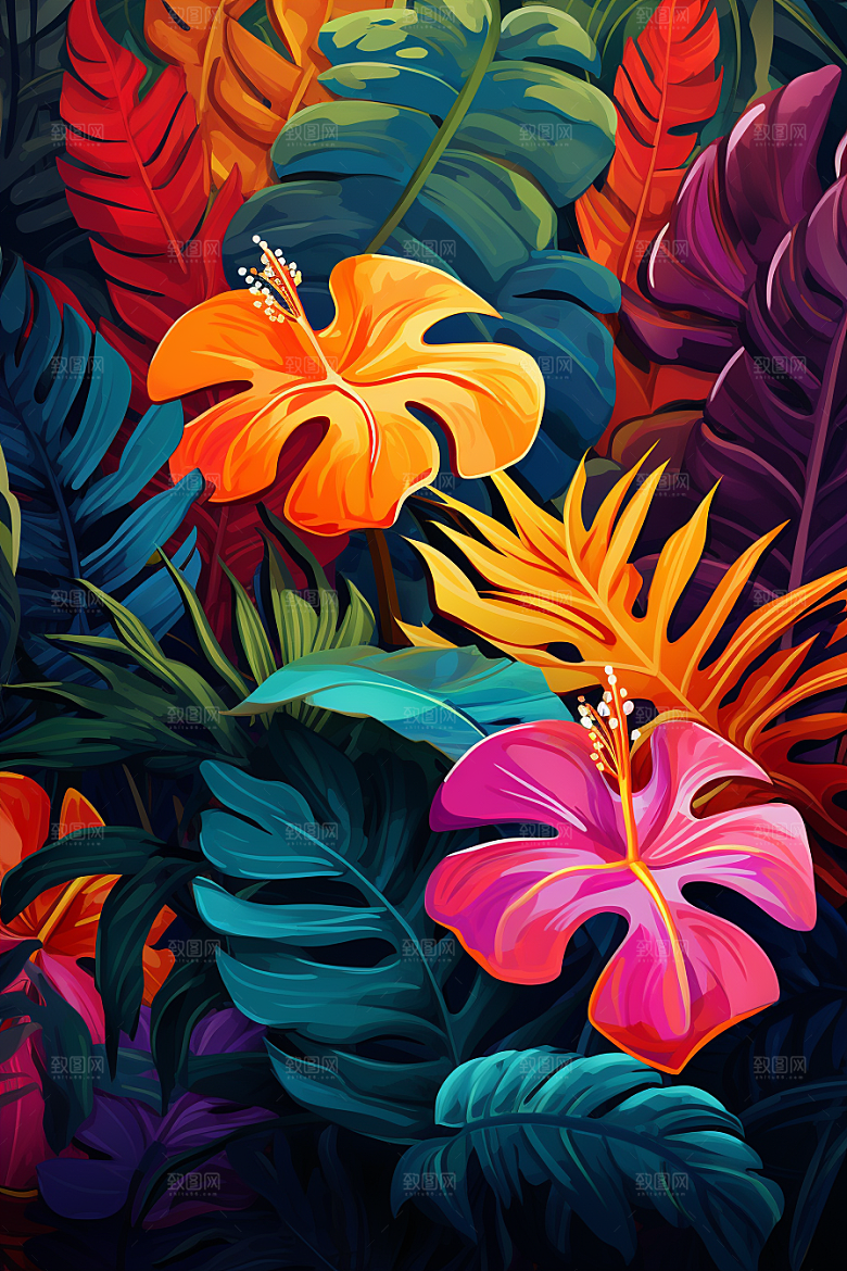 彩色热带雨林热带植物INS风插画