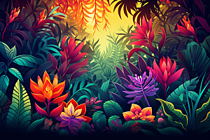 彩色热带雨林自然INS风插画