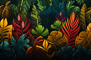 彩色热带雨林艺术森林插画
